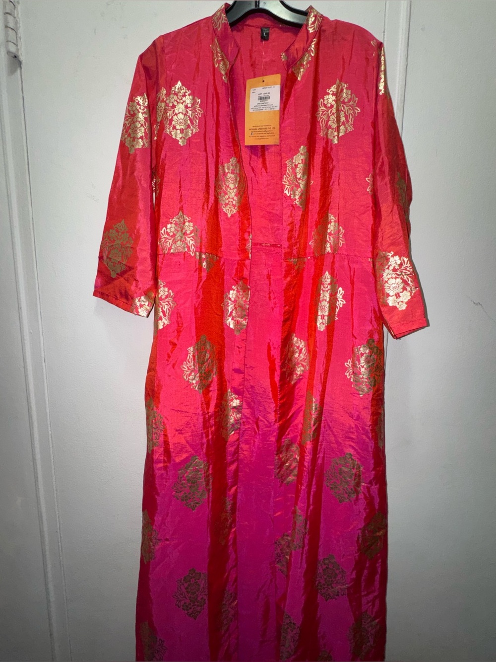 NWT Bright Pink & Gold Maxi Silk Duster Coverup